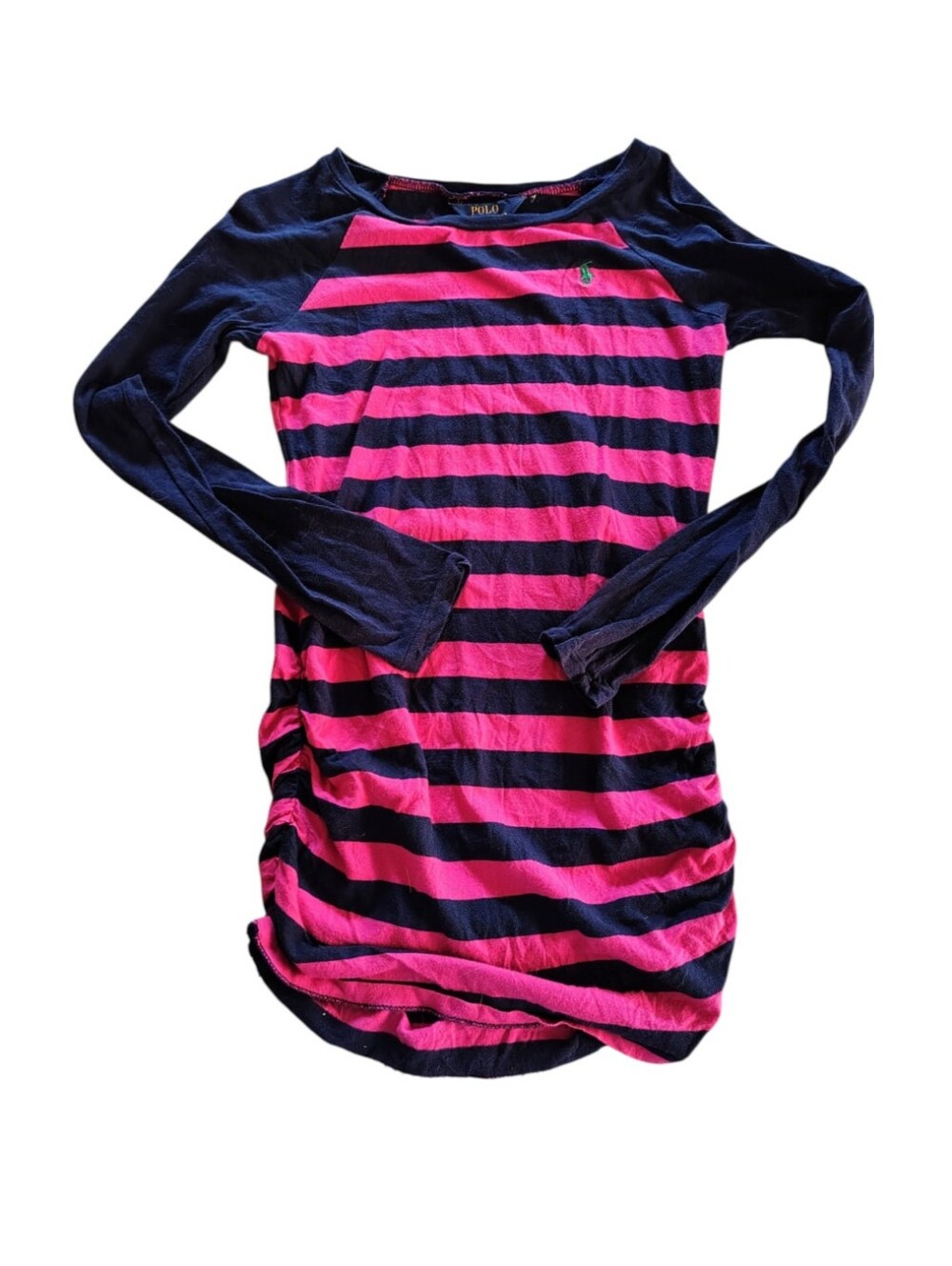 Vintage Polo Ralph Lauren Hot Pink Navy Blue Cinched Waist Tee Size Large Girls